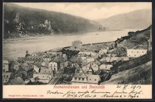 AK Assmannshausen, Ortsansicht und Burg Rheinstein