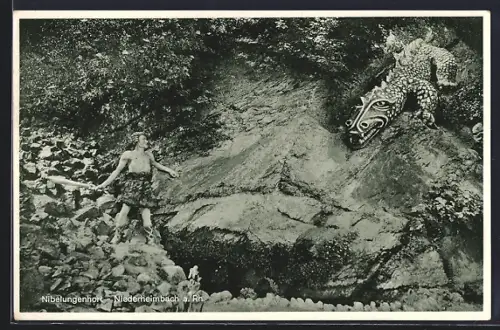 AK Niederheimbach a. Rh., Nibelungenhort im Gasthof Zur Burg Sooneck von Wilh. Rosskopf, Drache und Siegfried