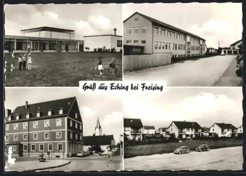 AK Eching / Freising, Ortschaft an der Autobahn München Nürnberg, Kirche & Kinder, Strassenpartie mit Gebäudeansicht