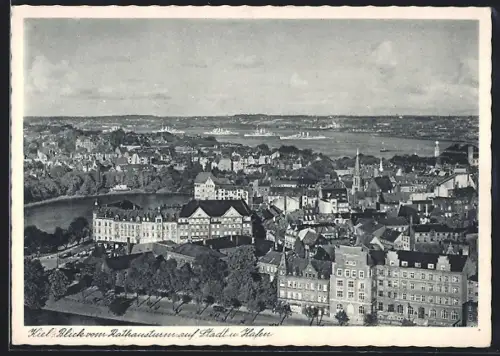 AK Kiel, Blick vom Rathausturm auf den Ort und Hafen