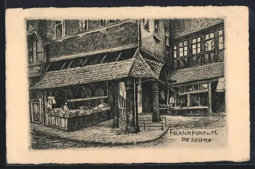 Künstler-AK Alt-Frankfurt, Schirne mit Geschäften