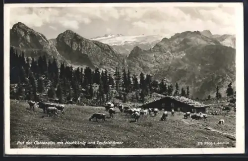 AK Berchtesgaden / Götzenalm, Ortspartie mit Kühen, Hochkönig und Teufelshörner