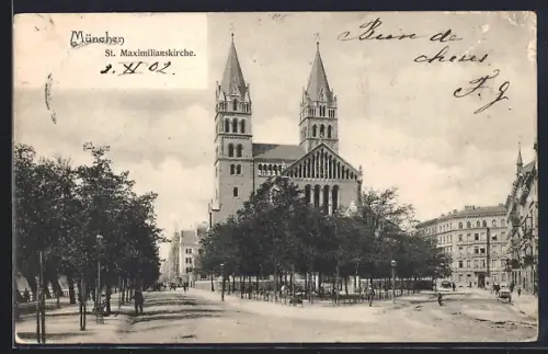 AK München, St. Maximilianskirche mit Strassenpartie