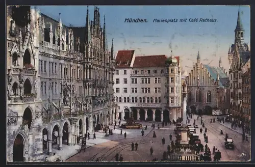 AK München, Marienplatz mit Cafe Rathaus und Denkmal