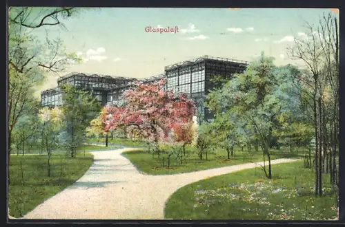 AK München, Glaspalast in der Baumblüte