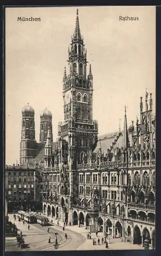 AK München, Rathaus mit Strassenbahn