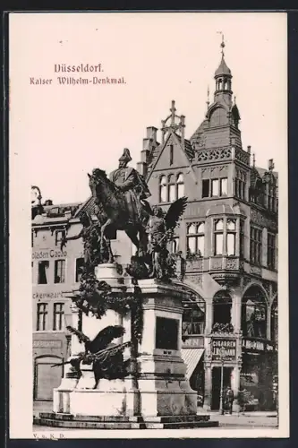 AK Düsseldorf, Zigarrengeschäft mit Kaiser Wilhelm-Denkmal