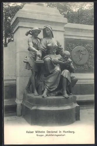 AK Hamburg, Rathausmarkt, Kaiser Wilhelm-Denkmal, Gruppe Wohlfahrtsgesetze