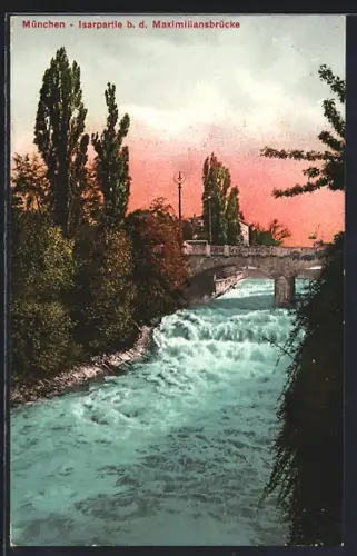 AK München, Isarpartie bei der Maximiliansbrücke