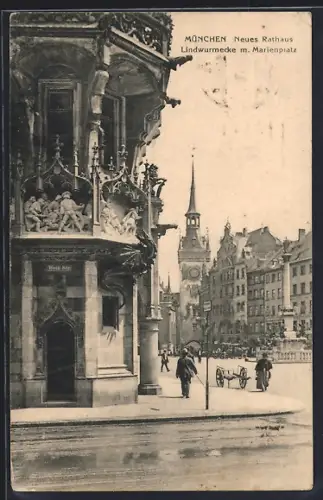AK München, Neues Rathaus, Lindwurmecke m. Marienplatz