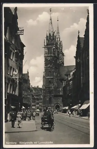 AK Nürnberg, Königstrasse mit Hotel Roter Hahn und Lorenzkirche