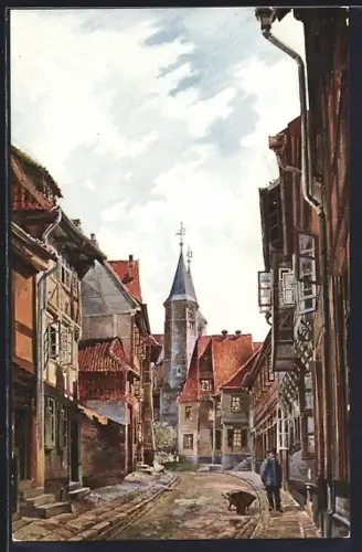 AK Hildesheim, Blick in den Hinteren Brühl nach der Godehardikirche gesehen