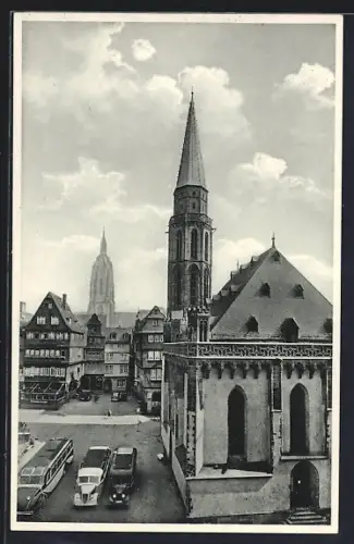 AK Alt-Frankfurt, St. Nikolai-Kirche mit Blick z. Dom, Kraftfehrzeuge