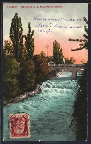 AK München, Isarpartie bei der Maximiliansbrücke