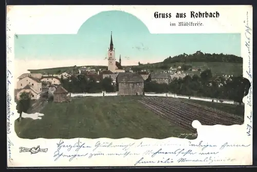 AK Rohrbach im Mühlkreis, Blick zum Ort mit Kirche