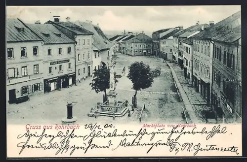 AK Rohrbach im Mühlviertel, Marktplatz mit Geschäft und Denkmal