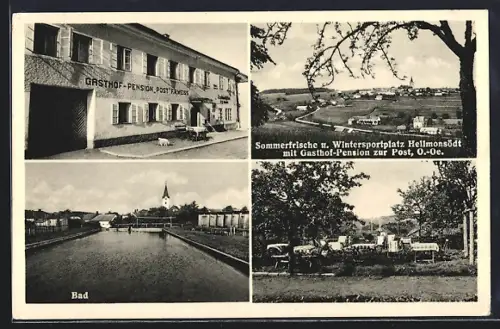 AK Hellmonsödt /O. Oe., Gasthof-Pension zur Post F. R. Weiss, Bad mit Kirchenblick, Gesamtansicht mit Landstrasse