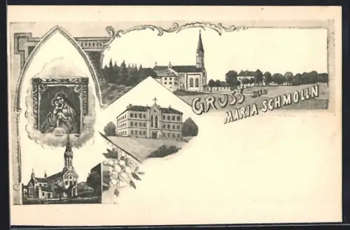 Künstler-AK Maria Schmolln, Kirche mit Gnadenbild, Gebäudeansicht, Ortspartie