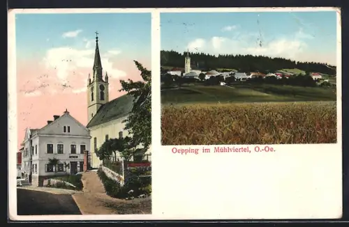 AK Oepping im Mühlviertel, Strassenpartie mit Kirche, Totalansicht
