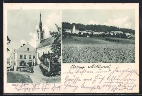 AK Oepping, Geschäft und Kirche im Mühlviertel, Teilansicht
