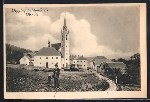 AK Oepping i. Mühlkreis, Strassenpartie mit Kirche