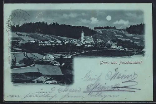 Mondschein-AK Putzleinsdorf, Teilansicht mit Kirche