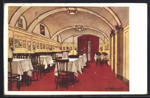 Künstler-AK St. Pölten, Wein-Restaurant der Kellerei Hans Michl, Diele, Innenansicht