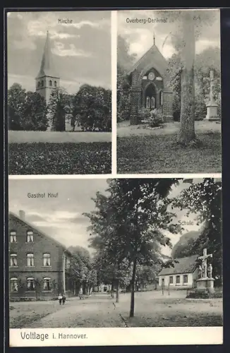 AK Voltlage, Gasthof Knuf, Kirche, Overberg Denkmal