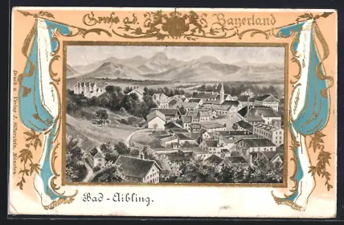 Passepartout-Lithographie Bad-Aibling, Ortsansicht aus der Vogelschau