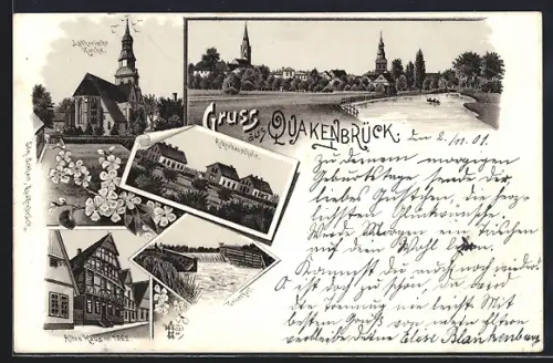 Lithographie Quakenbrück, Ackerbauschule, Lutherische Kirche, Ueberfall