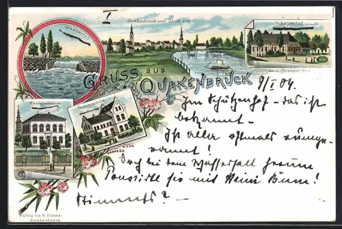 Lithographie Quakenbrück, Schützenhof, Realgymnasium, Töchterschule