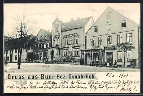 AK Buer /Bez. Osnabrück, Strassenpartie mit Kirche und Geschäft