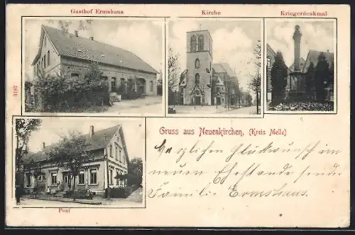 AK Neuenkirchen /Kr. Melle, Gasthof Ermshaus, Kirche, Kriegerdenkmal, Post