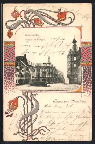 AK Flensburg, Nordermarkt mit Sicht in die Schiffbrückstrasse