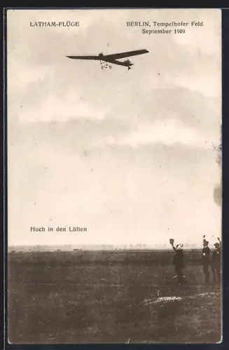 AK Berlin, Latham-Flüge 1909, Flugzeug über dem Tempelhofer Feld