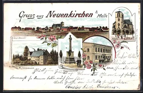 Lithographie Neuenkirchen bei Melle., Totalansicht, Kirche, Kriegerdenkmal, Gut Königsbrück