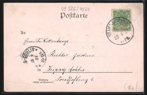 Lithographie Neuenkirchen bei Melle., Totalansicht, Kirche, Kriegerdenkmal, Gut Königsbrück
