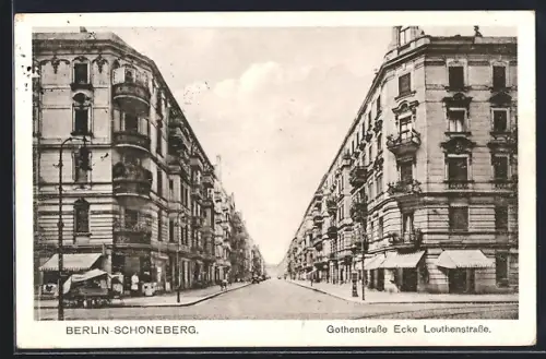 AK Berlin-Schöneberg, Gothenstrasse Ecke Leuthenstrasse mit Geschäften