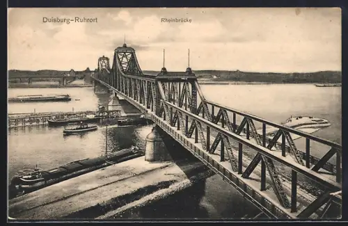 AK Duisburg-Ruhrort, Rheinbrücke mit Frachtschiffen