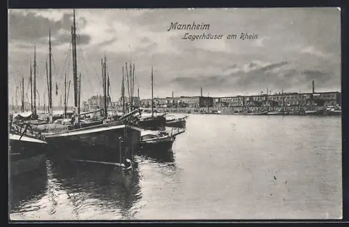 AK Mannheim, Lagerhäuser am Rhein, Hafen, Güterschiff