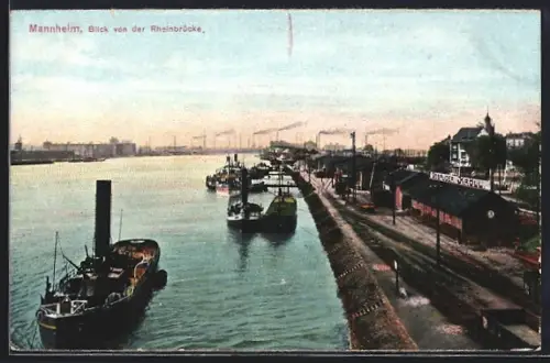 AK Mannheim, Blick von der Rheinbrücke, Dampfer