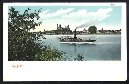 AK Speyer, Ortsansicht mit Dampfer und Kirche