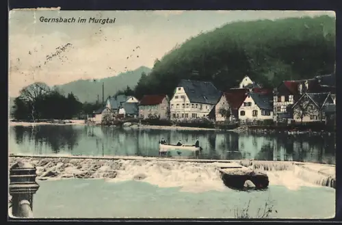 AK Gernsbach im Murgtal, Ortsansicht mit Ruderboot