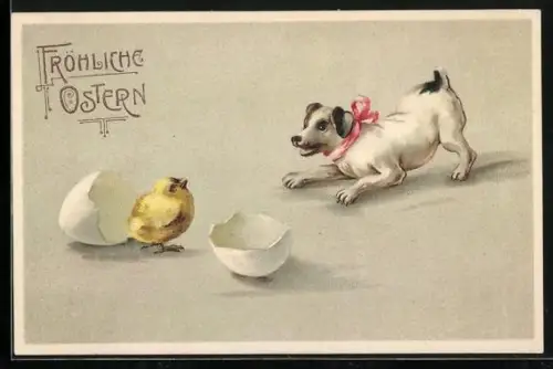 Präge-AK Hund spielt mit einem Osterküken