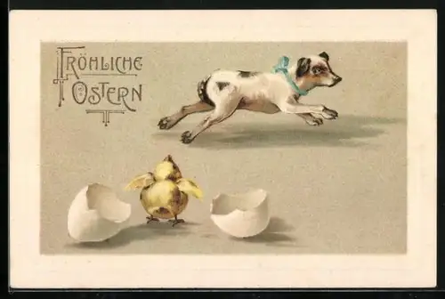AK Hund rennt vor einem Osterküken davon