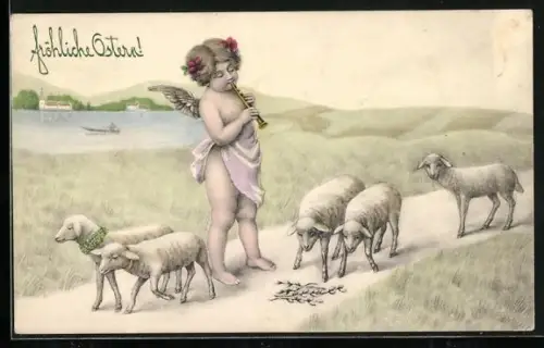 AK Musizierender Osterengel mit Lämmern im Grünen