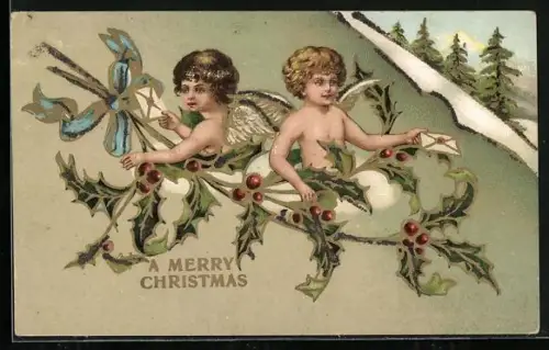 Präge-AK Kleine Weihnachtsengel mit Briefen auf einem Stechpalmenzweig