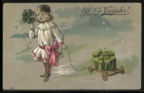 AK Prosit Neujahr, Mädchen transportiert Kleeblätter mit einem Wagen