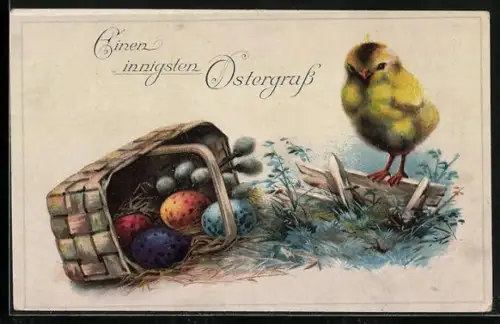 AK Osterküken mit Korb und bunten Ostereiern