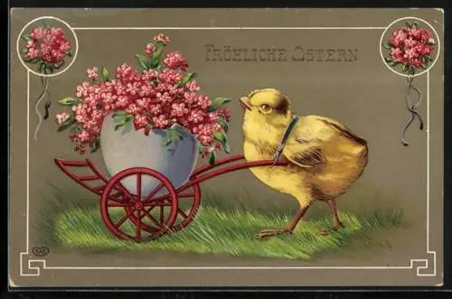 AK Osterküken transportiert Blumen in einem Eier-Wagen, Fröhliche Ostern
